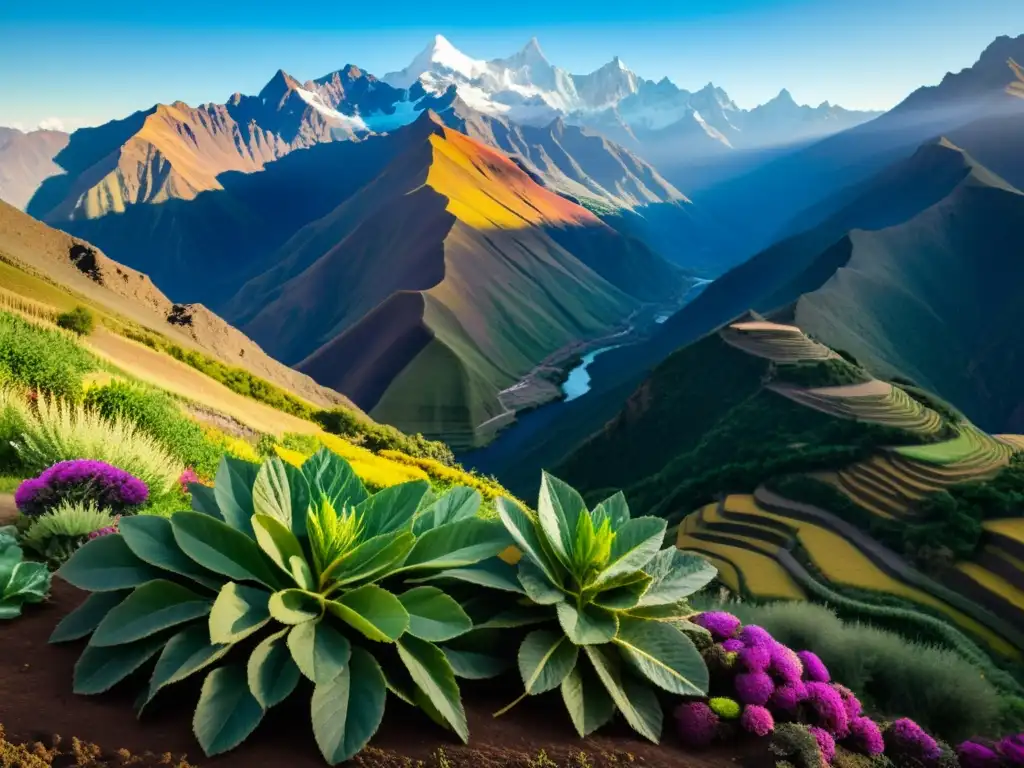 Los majestuosos Andes con la planta de maca y otras hierbas, capturando la esencia del entorno natural