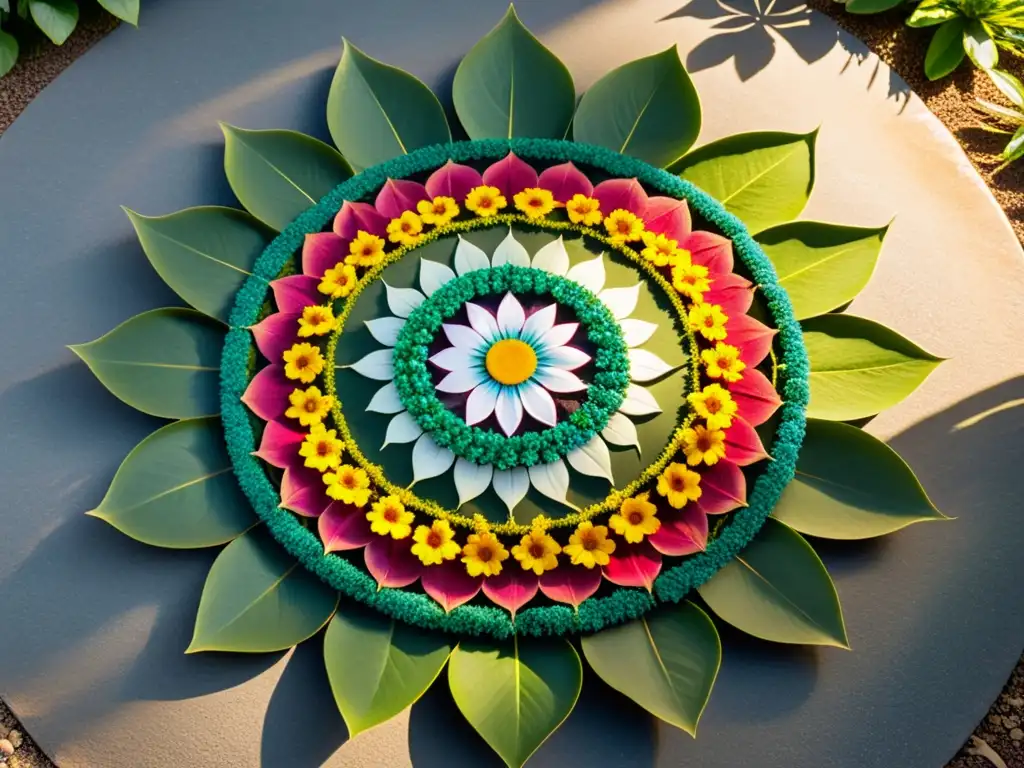 Un mandala natural de flores, hojas y piedras, bañado por la luz del sol