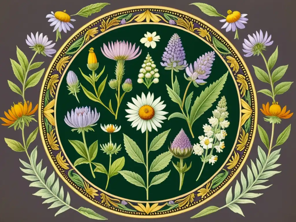 Un mandala vintage detallado con hierbas medicinales como lavanda, manzanilla, equinácea y valeriana, rodeado de bordes dorados, evocando sabiduría antigua y sanación natural con rituales de transformación con plantas medicinales