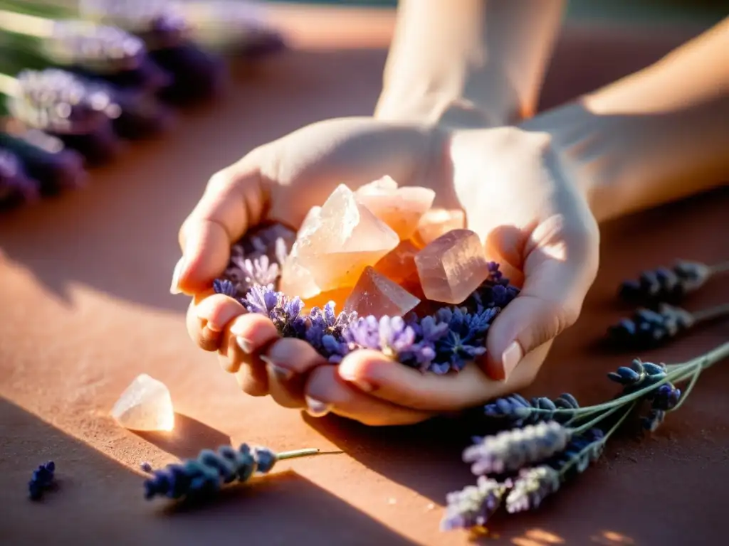 Una mano sostiene un cristal rosa de Sales del Himalaya, rodeado de lavanda y pétalos de rosa