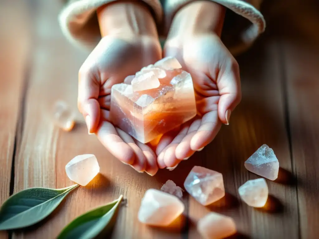 Una mano sostiene un cristal de sal del Himalaya, con una cálida iluminación resaltando sus detalles