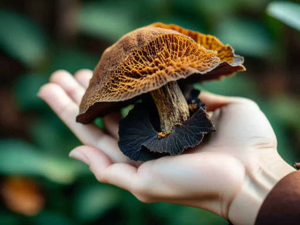 Una mano sostiene con cuidado un pequeño hongo Chaga seco, con tonos terrosos y texturas intrincadas