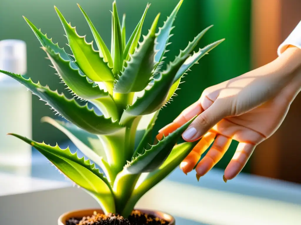 Una mano de dermatólogo acaricia una exuberante planta de sábila en un consultorio, fusionando lo natural con lo profesional en cuidado dermatológico