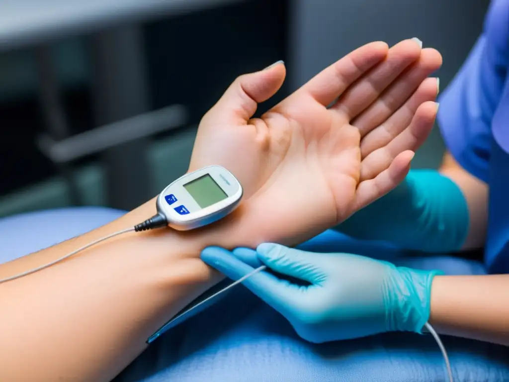 Mano recibiendo digitopuntura, con dispositivo de telemedicina al fondo