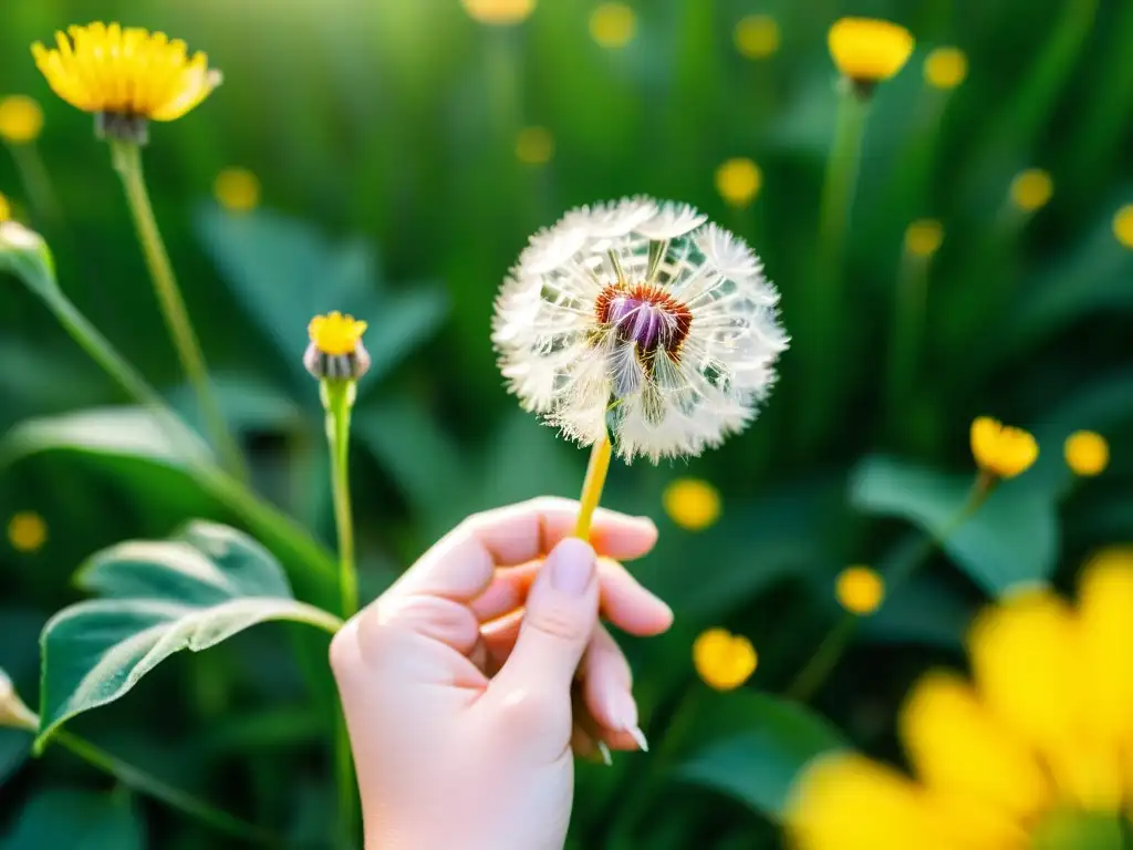 Mano sosteniendo flores de diente de león