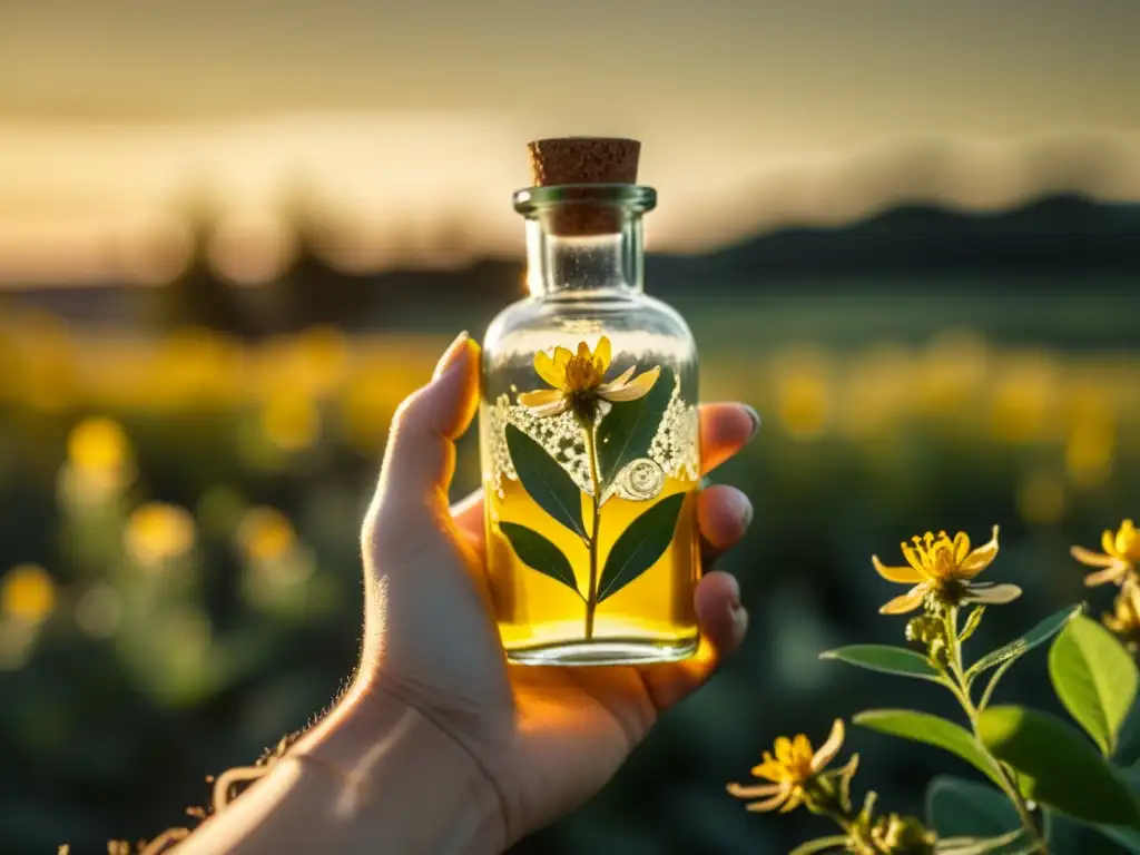 Mano sostiene frasco vintage con flores de Hierba de San Juan, bañado por cálida luz dorada