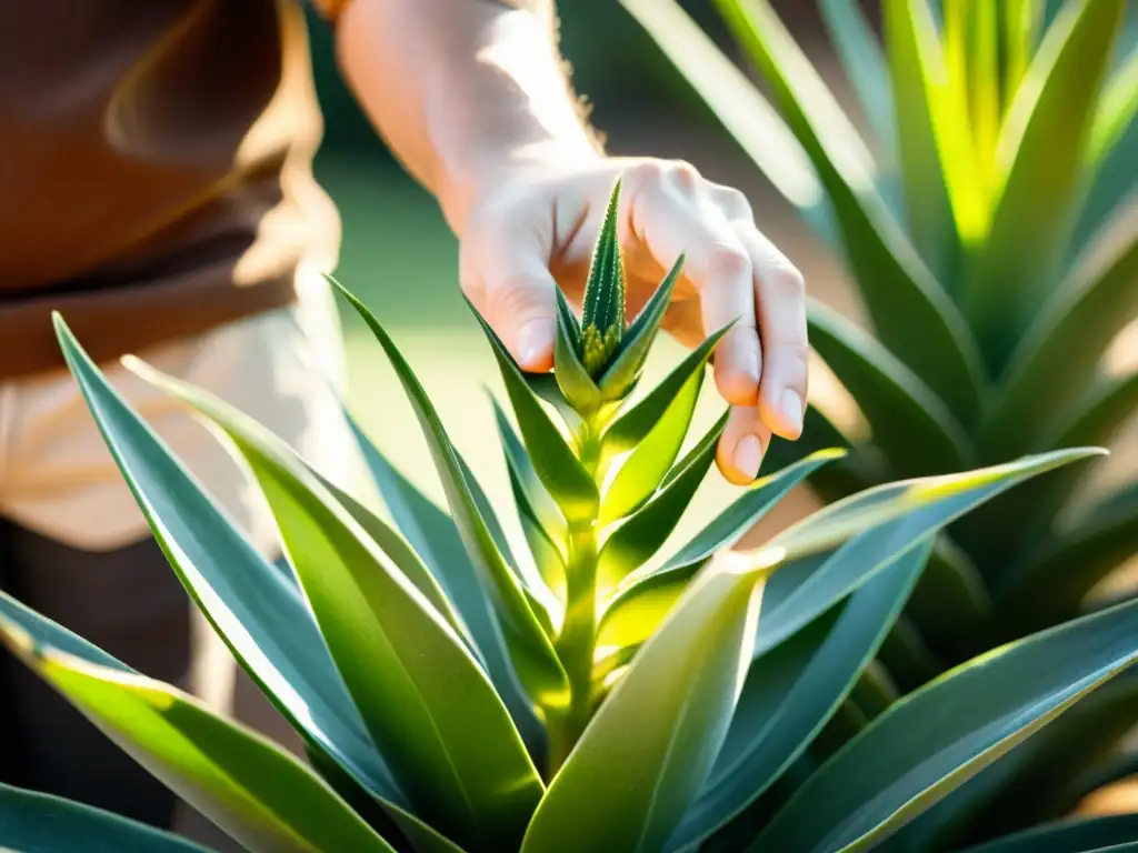 Mano sosteniendo hoja de aloe vera con luz dorada, evocando autenticidad y remedios tradicionales