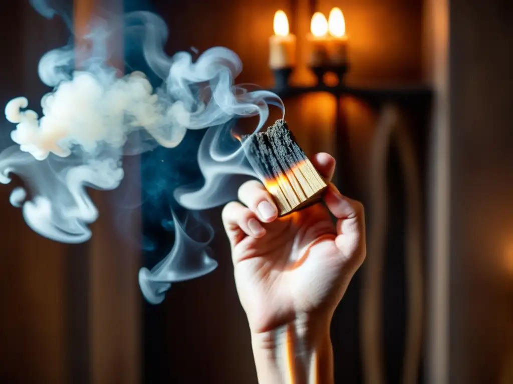 Mano sosteniendo Palo Santo humeante en una habitación iluminada, resaltando la importancia del Palo Santo en rituales