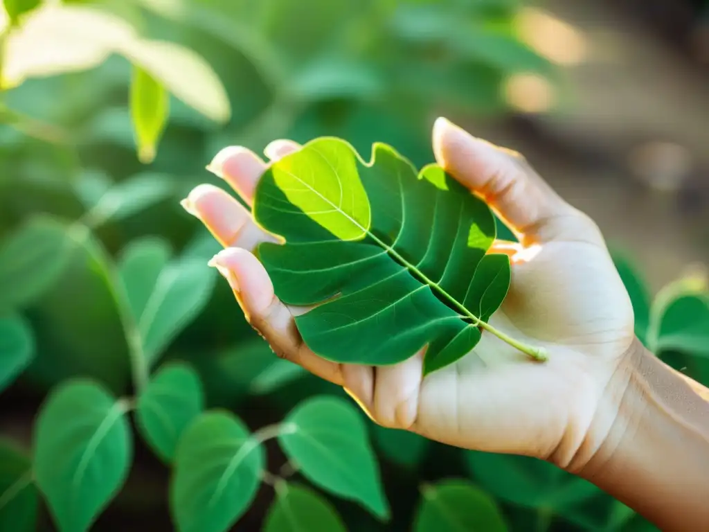 Una mano sostiene con reverencia una hoja de moringa recién cosechada, mostrando su vibrante color verde