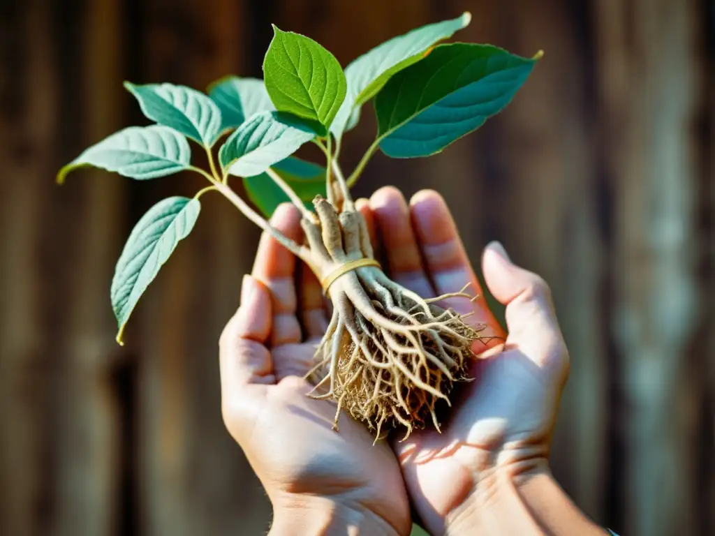 Una mano sostiene con reverencia raíces de ginseng, resaltando su forma natural y poder curativo