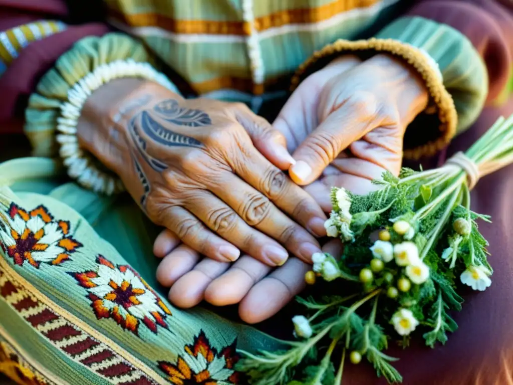 Manos ancianas indígenas adornadas con hierbas y flores, en un entorno de spa tradicional, transmiten purificación ancestral