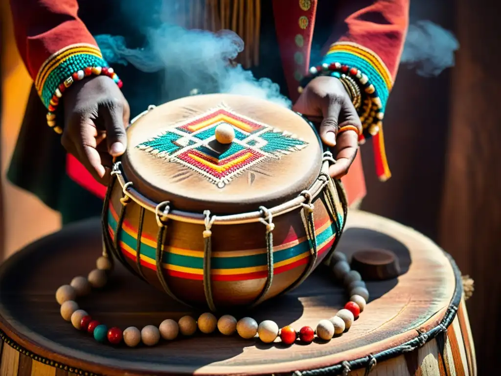 Manos envejecidas tocan un tambor de madera con carvings detallados, envueltos en humo de palo santo, evocando el poder terapéutico del tambor en curación