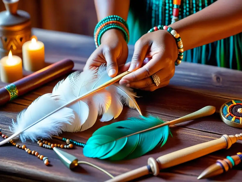 Manos preparando una pluma iridiscente con herramientas ceremoniales en una escena de reverencia y sabiduría ancestral