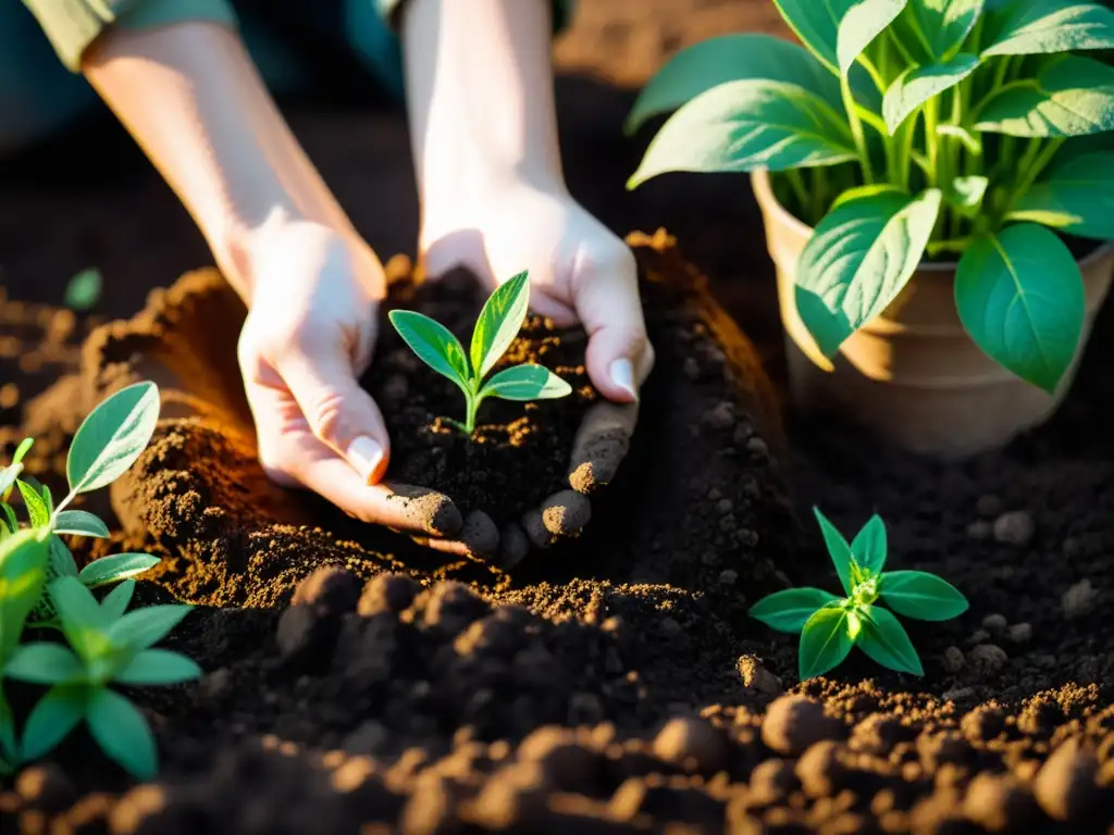 Manos trabajando la tierra oscura y rica, con hierbas medicinales brotando