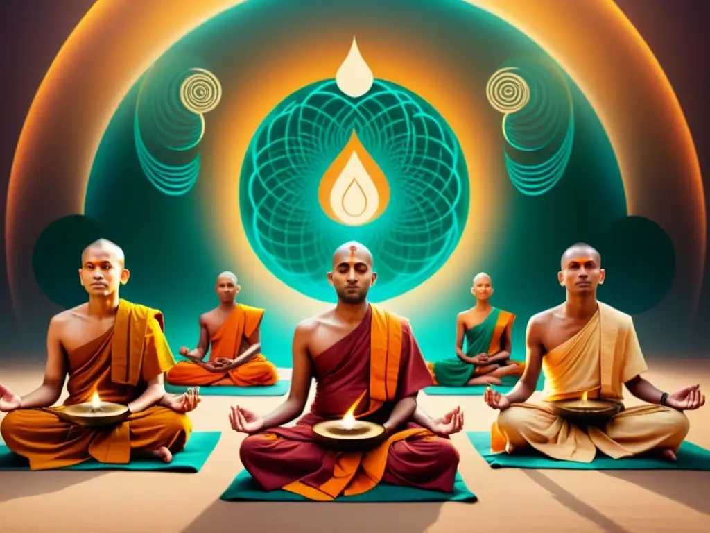 Monjes hindúes entonando mantras: ilustración espiritual 8k Hindu monks entonando mantras en vibrante ilustración vintage de 8k, evocando el sonido curativo en la medicina tradicional hindú