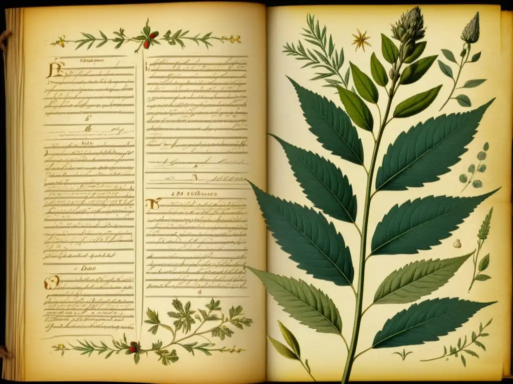 Manuscrito antiguo de hierbas medicinales con ilustraciones botánicas en tonos suaves