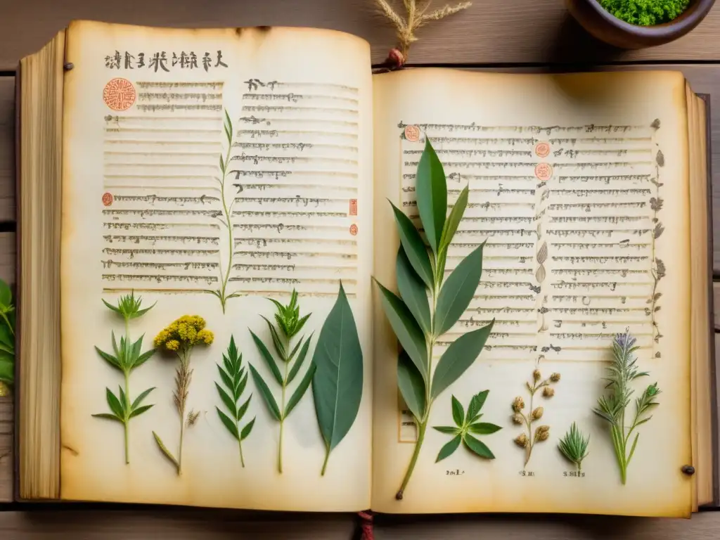 Manuscrito antiguo con ilustraciones de plantas y hierbas, iluminado por luz cálida