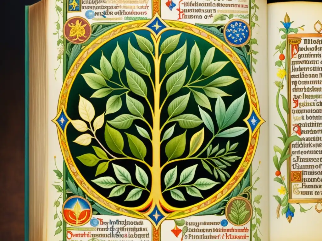 Manuscrito iluminado detallado con hierbas medicinales, colores vibrantes y simbolismo, reflejando la visión holística de salud de Hildegarda de Bingen