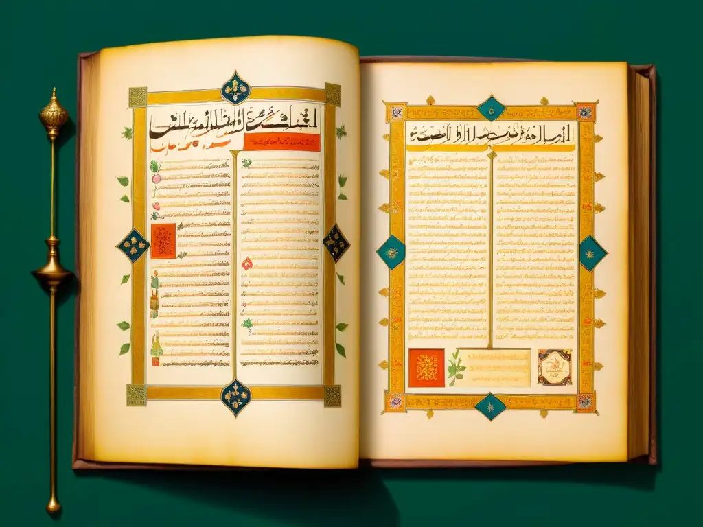 Manuscrito islámico vintage: cuidados médicos tradicionales Manuscrito vintage de medicina islámica con ilustraciones detalladas de recuperación posoperatoria y remedios tradicionales en delicada caligrafía y colores botánicos vibrantes
