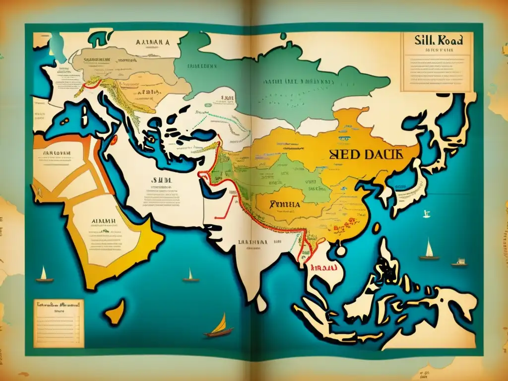 Mapa detallado de la Ruta de la Seda: historia, aventura y legado Mapa detallado de la Ruta de la Seda con ilustraciones vintage de comerciantes y caravanas