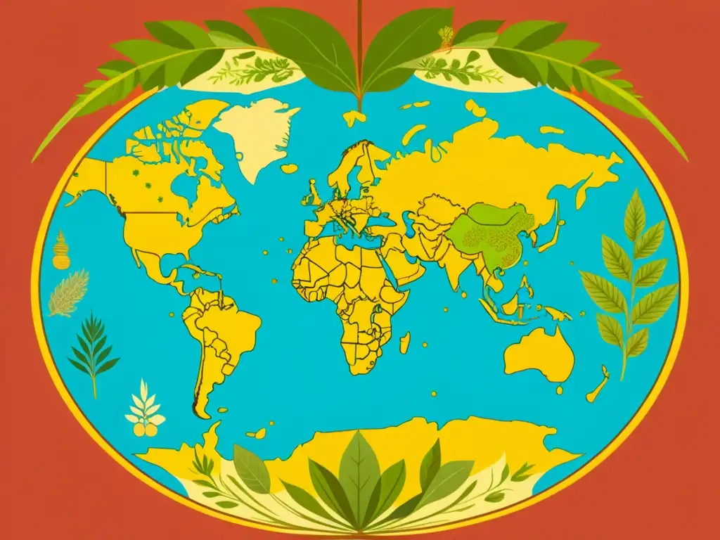 Mapa global con hierbas medicinales, reflejando la diversidad de prácticas de medicina tradicional