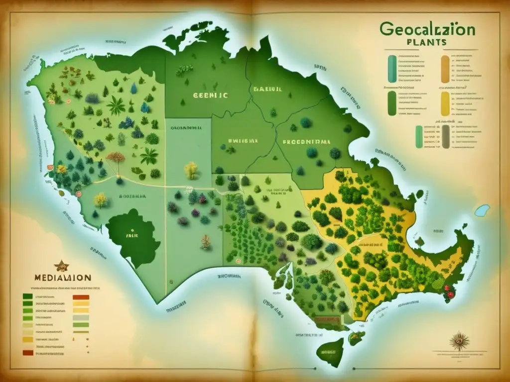 Un mapa vintage detallado muestra la geolocalización de plantas medicinales en tonos tierra desgastados, evocando historia y conocimiento tradicional