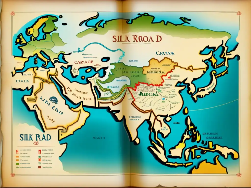 Mapa vintage de la Ruta de la Seda, detallado y envejecido, evocando el intercambio de conocimientos médicos a lo largo de la histórica ruta