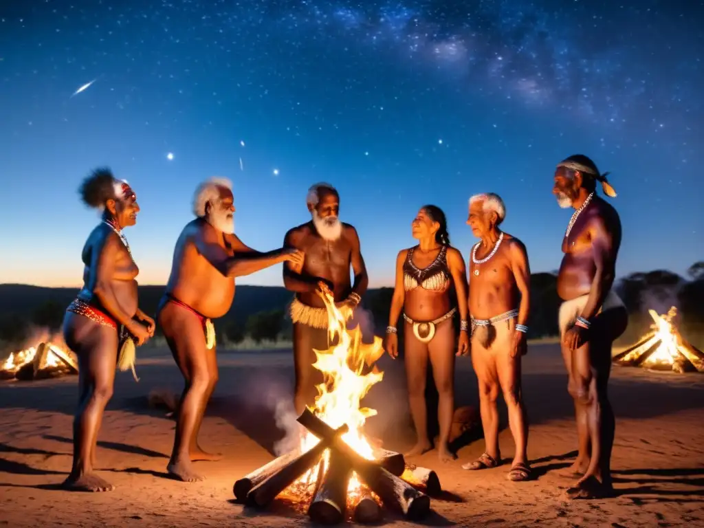 Medicina aborigen Australia talleres: Ancianos indígenas danzando en la noche alrededor de la fogata, bajo el cielo estrellado