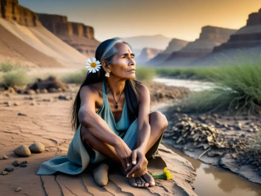 Medicina ancestral enfrenta efectos de la crisis hídrica en imagen vintage de mujer preocupada junto a río seco y plantas marchitas