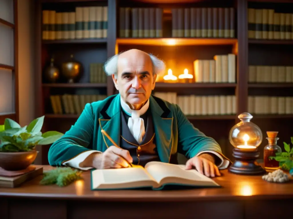 Samuel Hahnemann preparando una medicina homeopática en su estudio del siglo XIX, rodeado de libros y hierbas medicinales