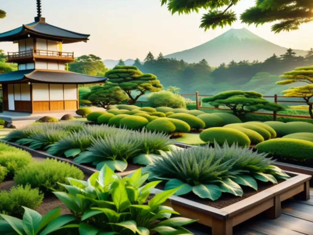 Jardín de medicina natural tradicional en Japón, con plantas medicinales vibrantes y paisaje sereno japonés