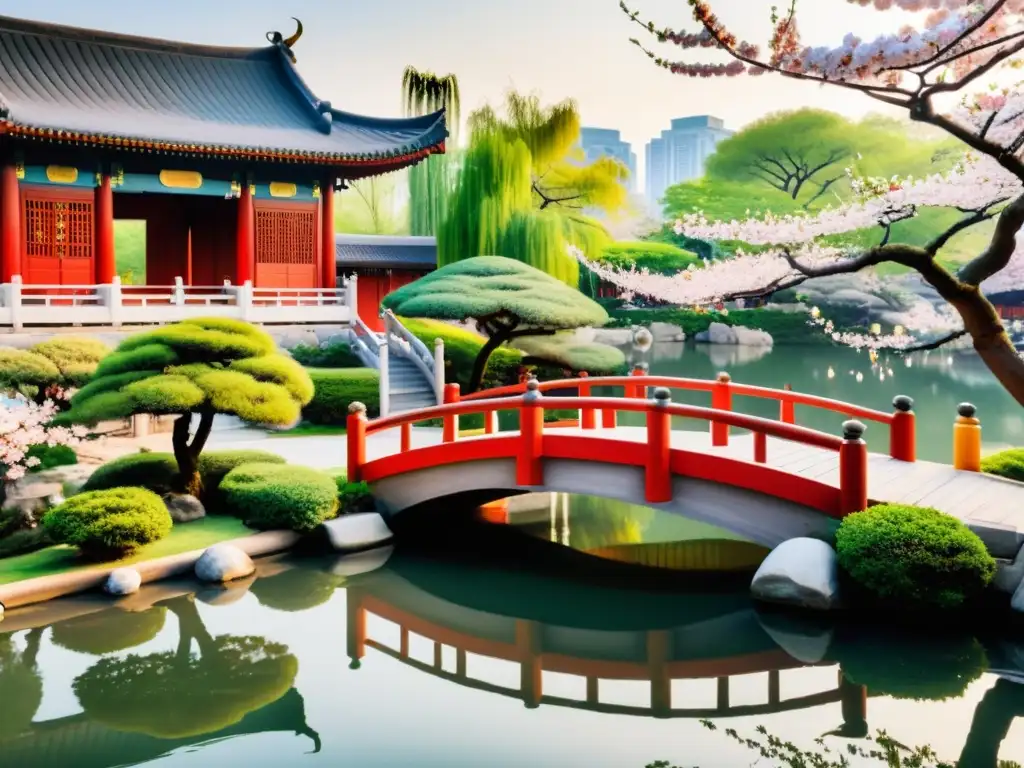 Jardín de medicina tradicional china con equilibrio emocional, koi en estanque, puente de madera y pagoda entre cerezos en flor