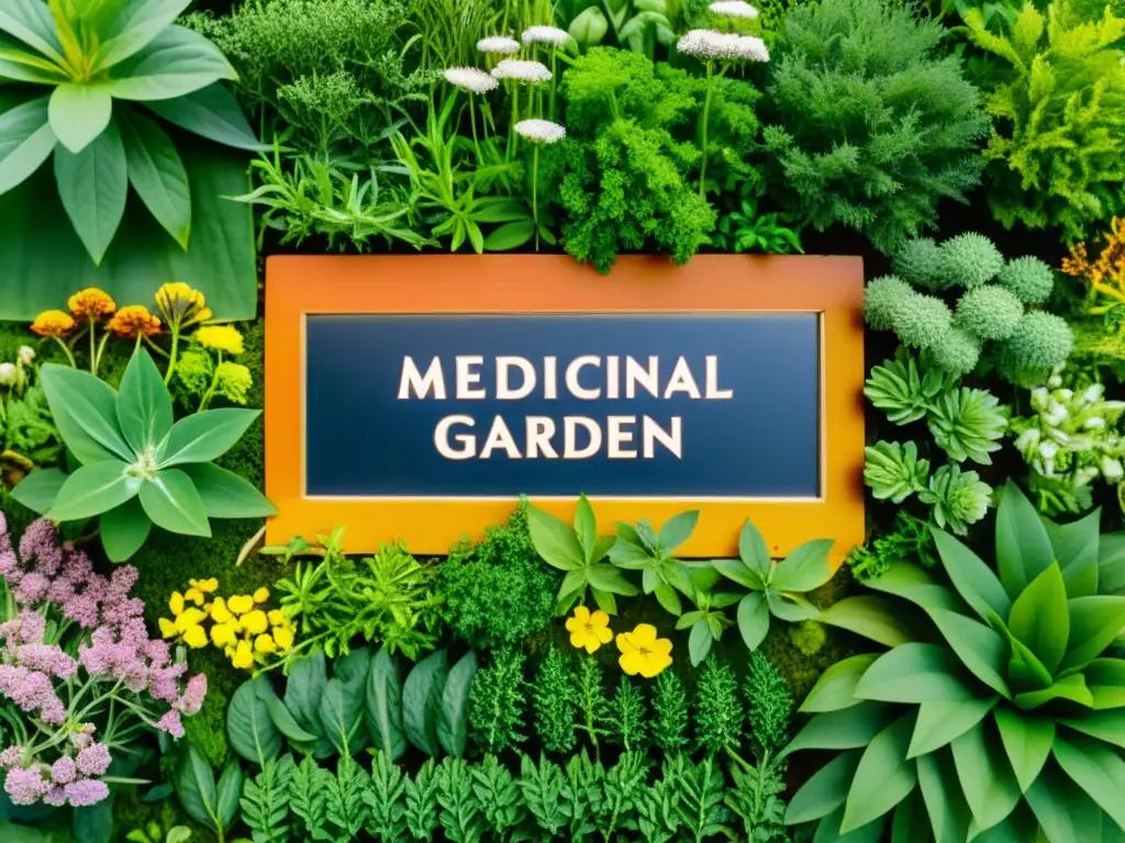 Jardín de medicina tradicional con diversidad de plantas medicinales, etiquetadas y rodeadas de exuberante vegetación