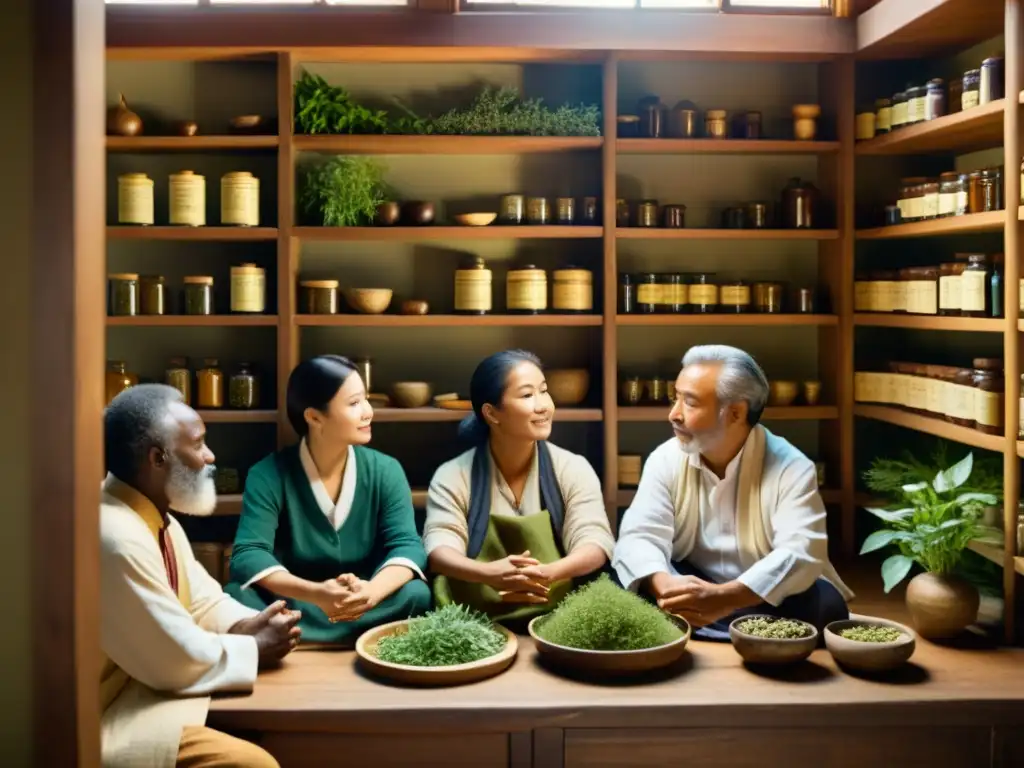 Transmisión de la Medicina Tradicional: Practicantes comparten sabiduría rodeados de hierbas y luz cálida