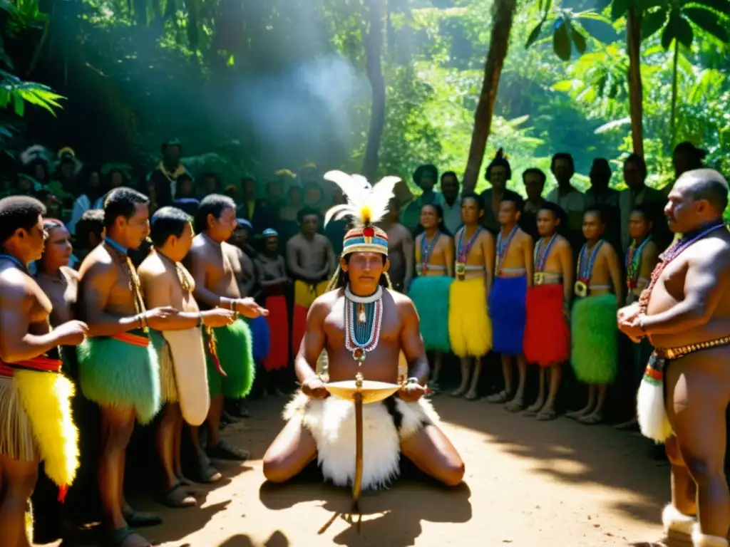 Chamán en Ritual de Pasaje en la Selva Un medicina tradicional realiza un ritual de pasaje, rodeado de personas vestidas con atuendos tradicionales en un claro del bosque