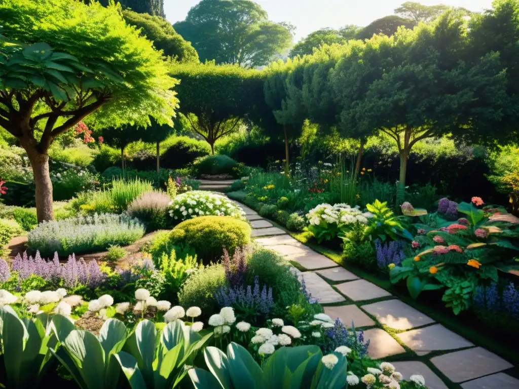 Un jardín medicinal vintage con plantas variadas y senderos de piedra, irradiando armonía