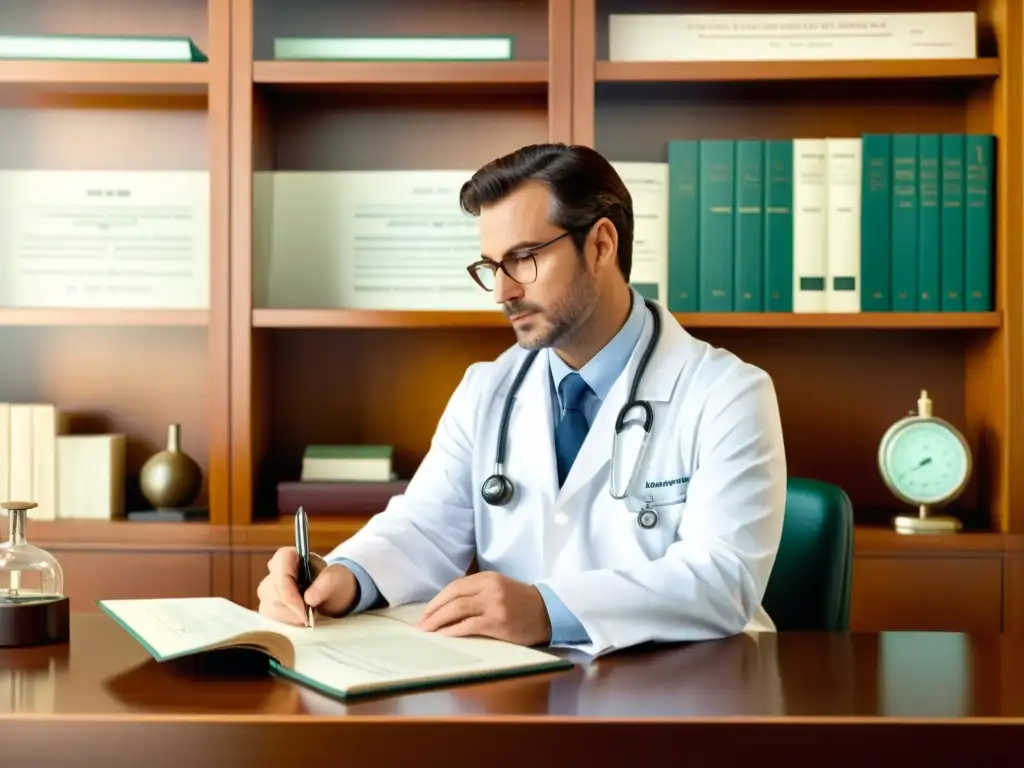 Un médico reflexiona en su acogedor consultorio, rodeado de libros y equipo médico vintage