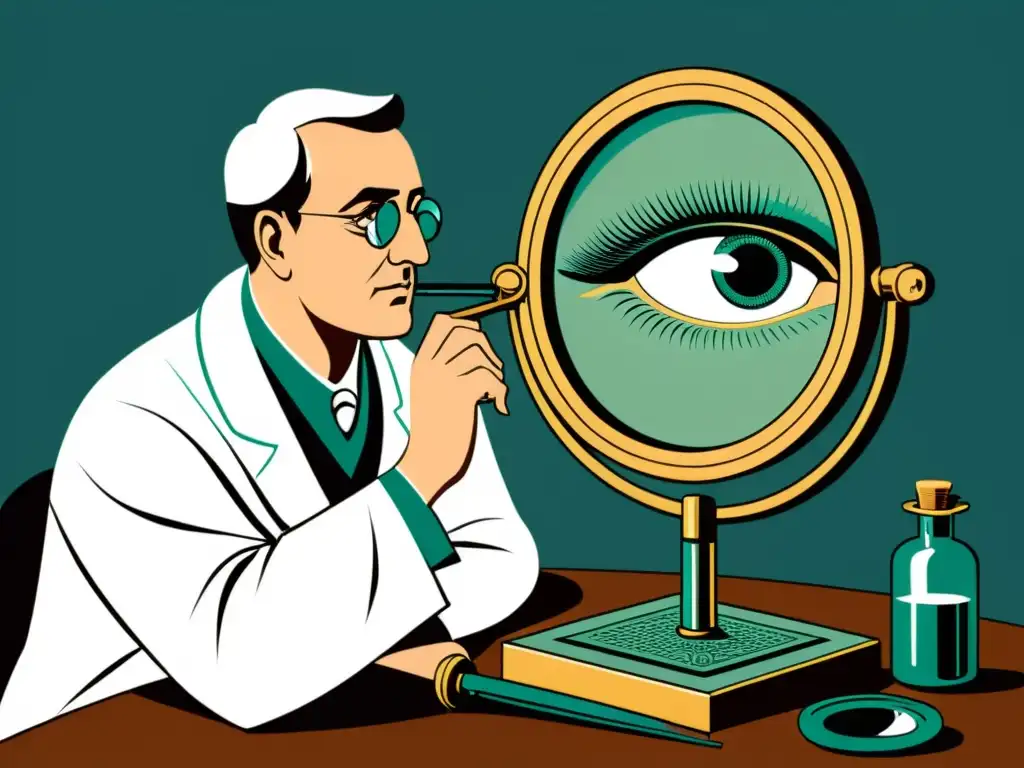 Un médico antiguo usa espejos y lentes para examinar los ojos de un paciente, destacando la importancia de los equipos de visión en medicina antigua