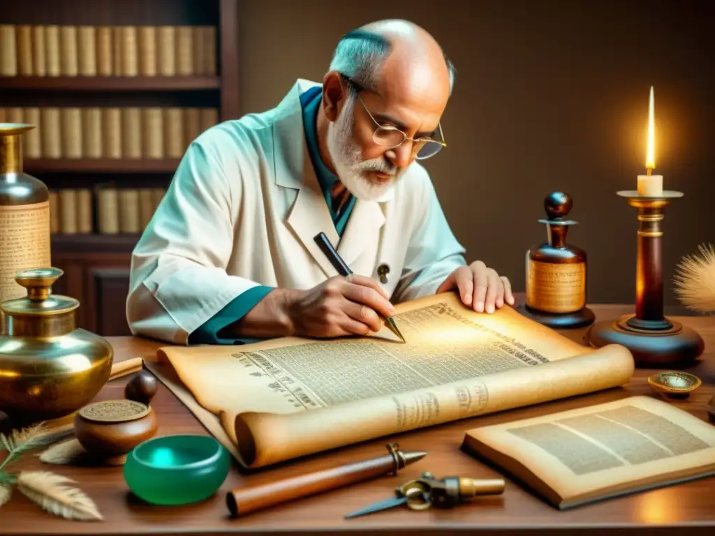 Un médico antiguo examina un pergamino con una lupa rodeado de instrumentos médicos antiguos