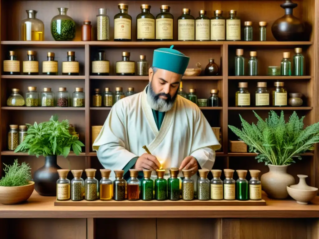 Un médico bizantino prepara medicina tradicional en su estudio antiguo