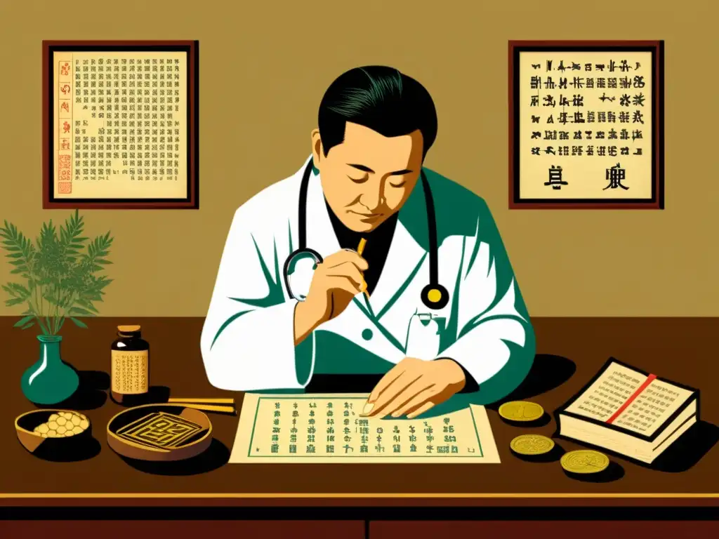 Un médico consulta el I Ching en su consultorio médico, integrando sabiduría antigua con la práctica moderna