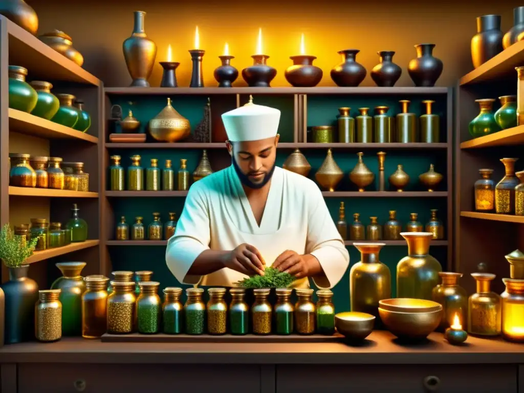 Un médico egipcio antiguo prepara hierbas medicinales en un apotecario iluminado por lámparas de aceite
