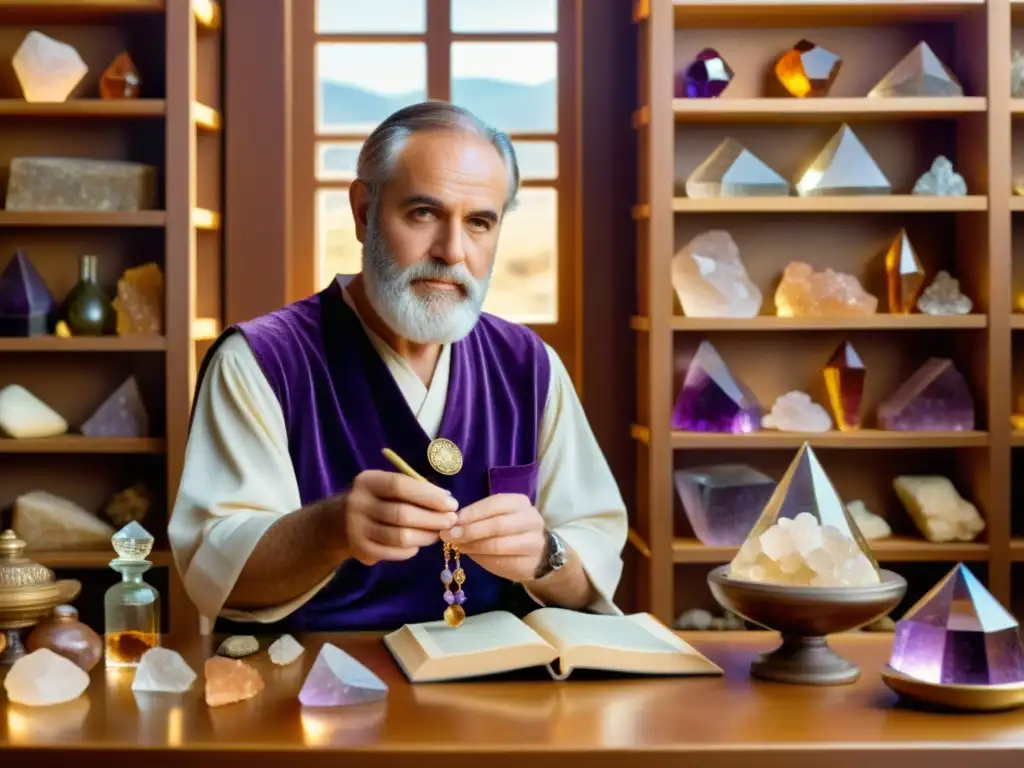 Un médico griego antiguo examina una amatista brillante, rodeado de cristales y minerales, con libros antiguos y dibujos botánicos en las paredes