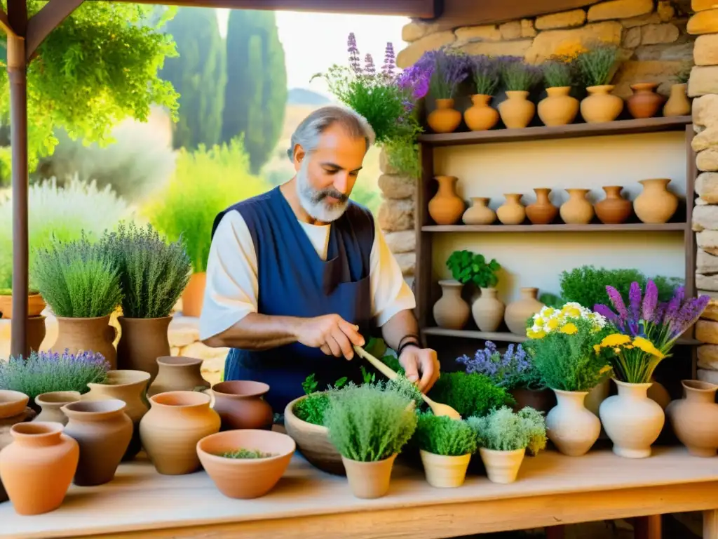 Un médico griego antiguo selecciona hierbas medicinales en un jardín soleado y rústico, rodeado de vegetación exuberante y flores coloridas