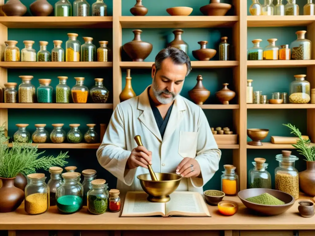 Un médico griego antiguo mezcla ingredientes alquímicos en su laboratorio, evocando prácticas medicinales en civilizaciones antiguas