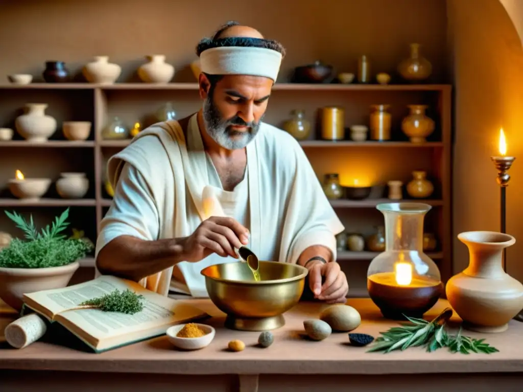 Antiguo médico griego preparando hierbas medicinales Un médico griego antiguo prepara medicina herbal en un ambiente iluminado por lámparas de aceite