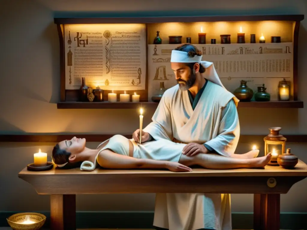 Antiguo médico griego examinando paciente en consulta Un médico griego antiguo examina a un paciente en una habitación con velas, evocando la medicina antigua griega tradicional