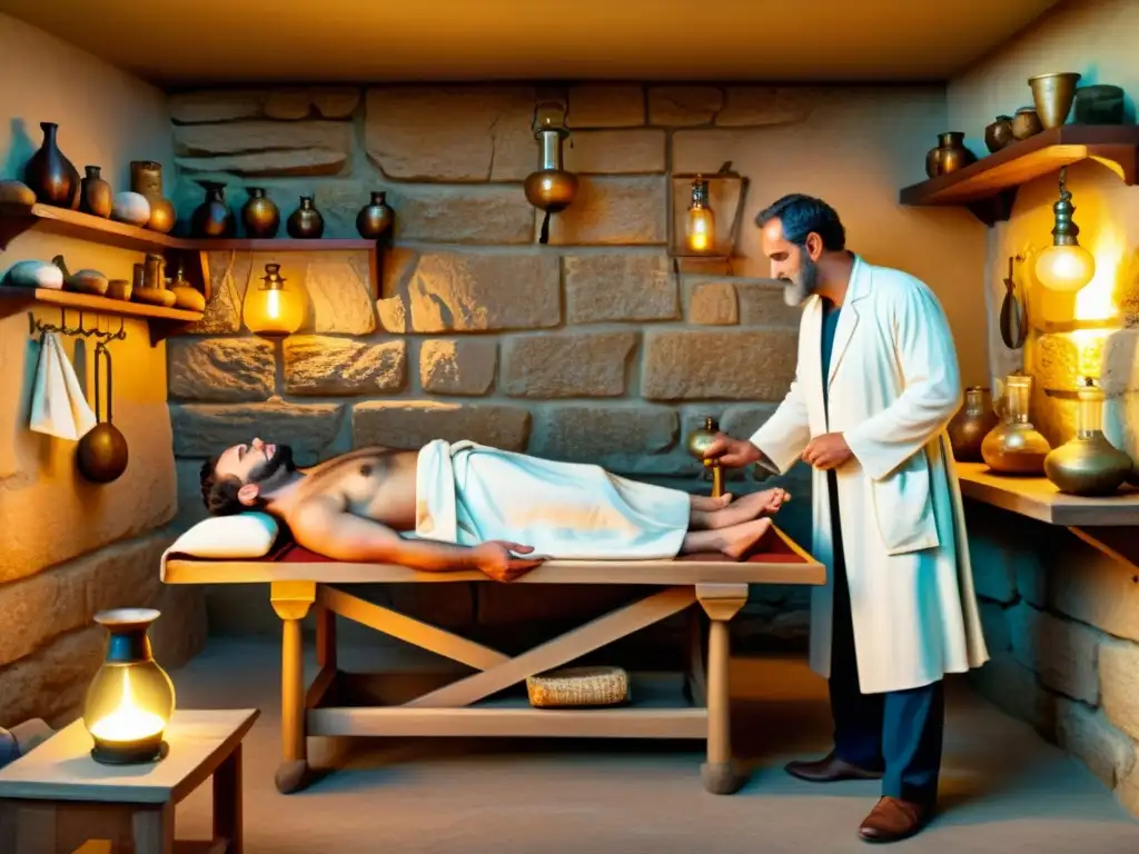 Medicina antigua: diagnóstico del médico griego con herramientas médicas Un médico griego antiguo examina a un paciente en una clínica rústica iluminada por lámparas de aceite
