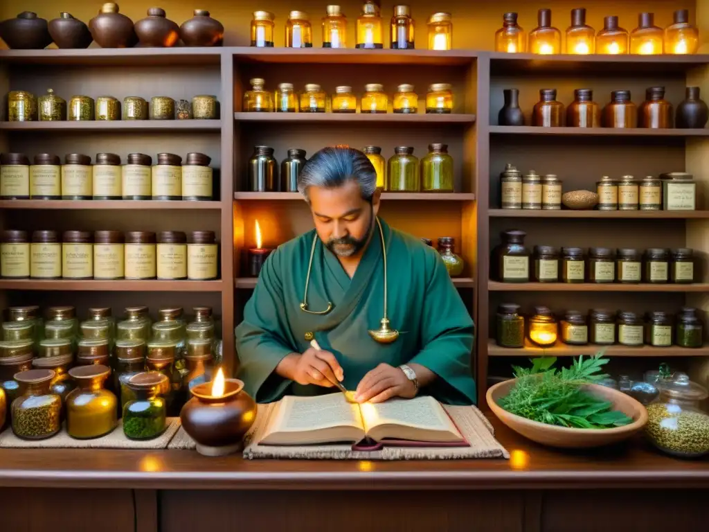 Un médico Unani prepara medicina herbal en una antigua farmacia iluminada por lámparas de aceite