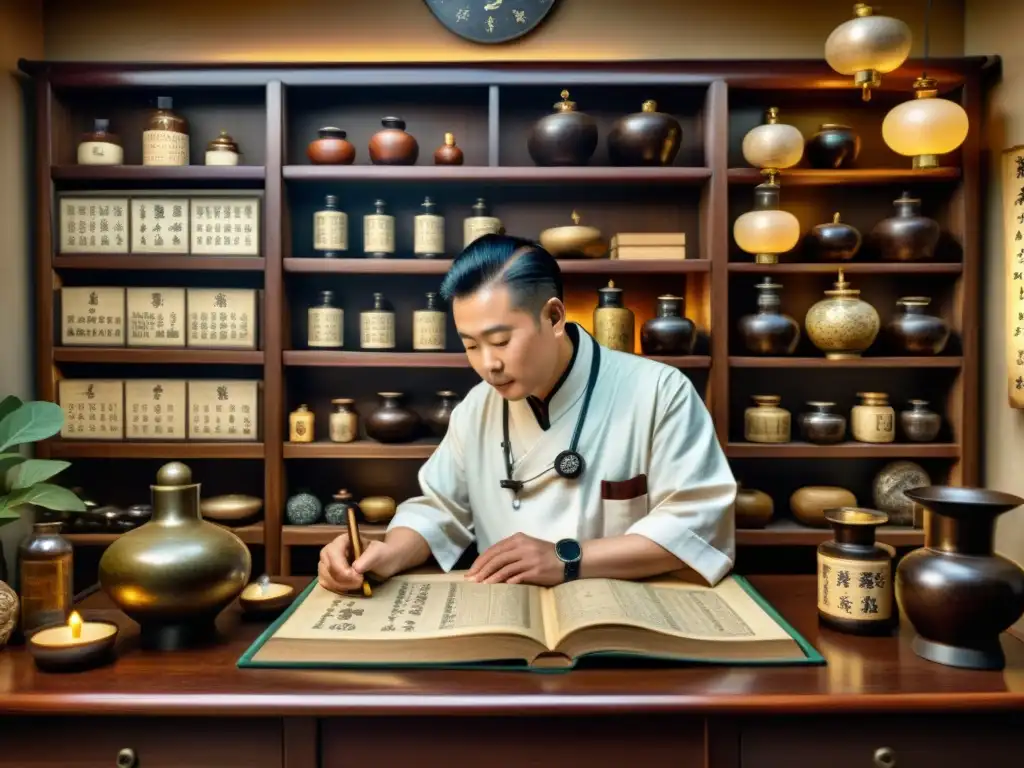 Un médico de la medicina tradicional china examina el pulso de un paciente en una atmósfera de sabiduría y ciclos del tiempo